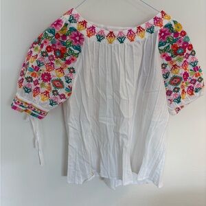 THML White Top with Multicolor Floral Embroidered Sleeves